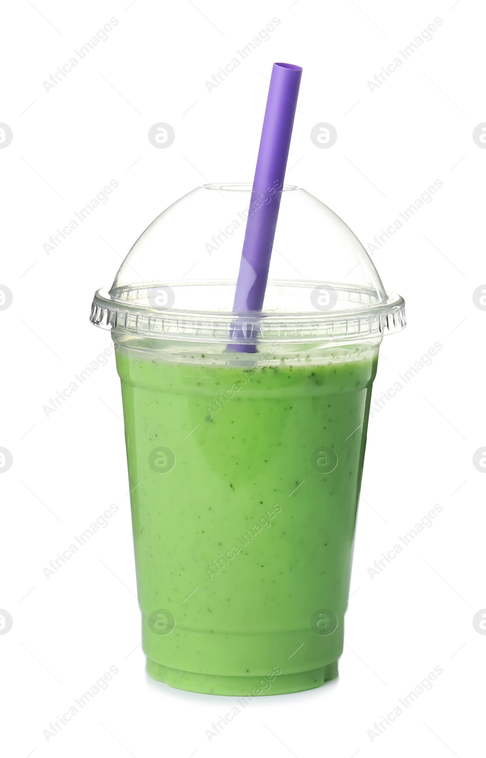 Photo of Plastic cup with delicious detox smoothie on white background