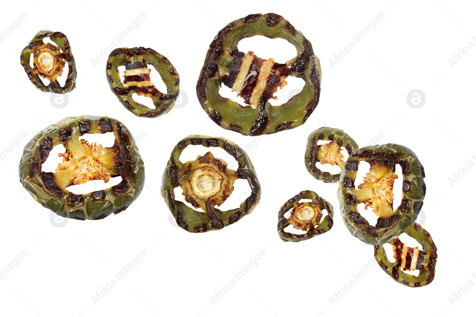 Image of Slices of grilled bell peppers in air on white background