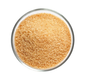 Bowl with brown sugar on white background