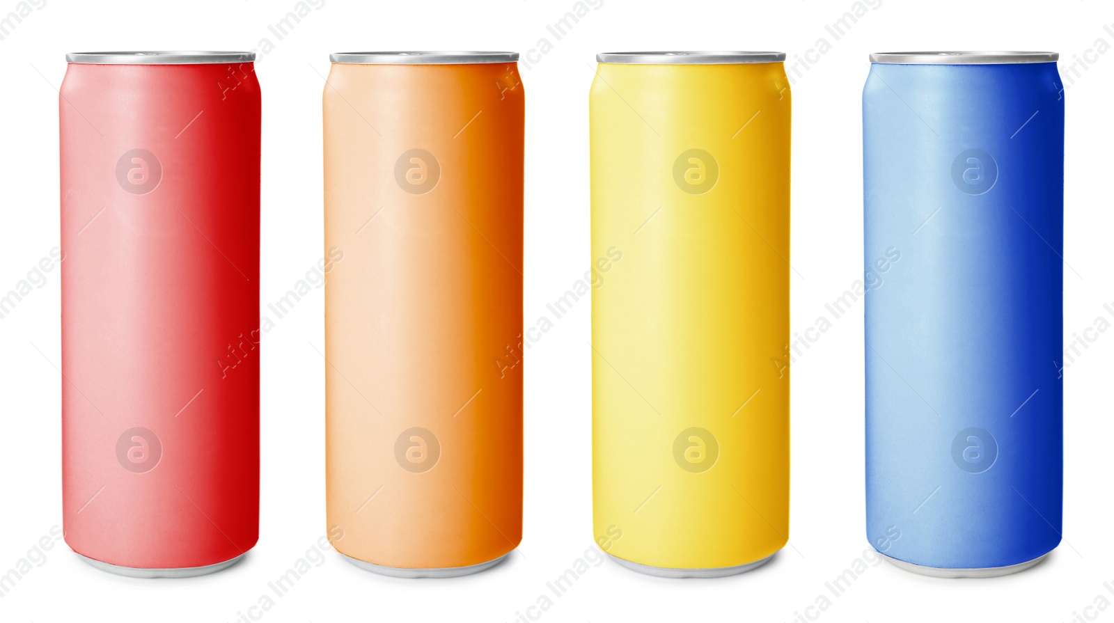 Image of Set with aluminium drink cans in different colors on white background. Banner design