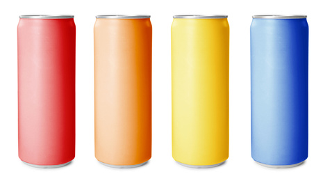 Image of Set with aluminium drink cans in different colors on white background. Banner design