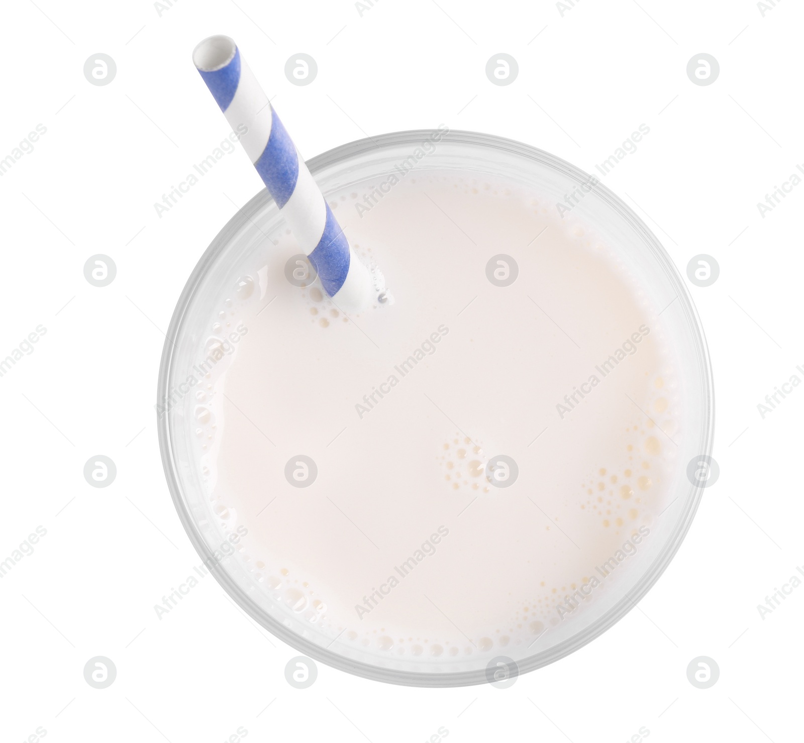 Photo of Glass of fresh milk with straw isolated on white, top view