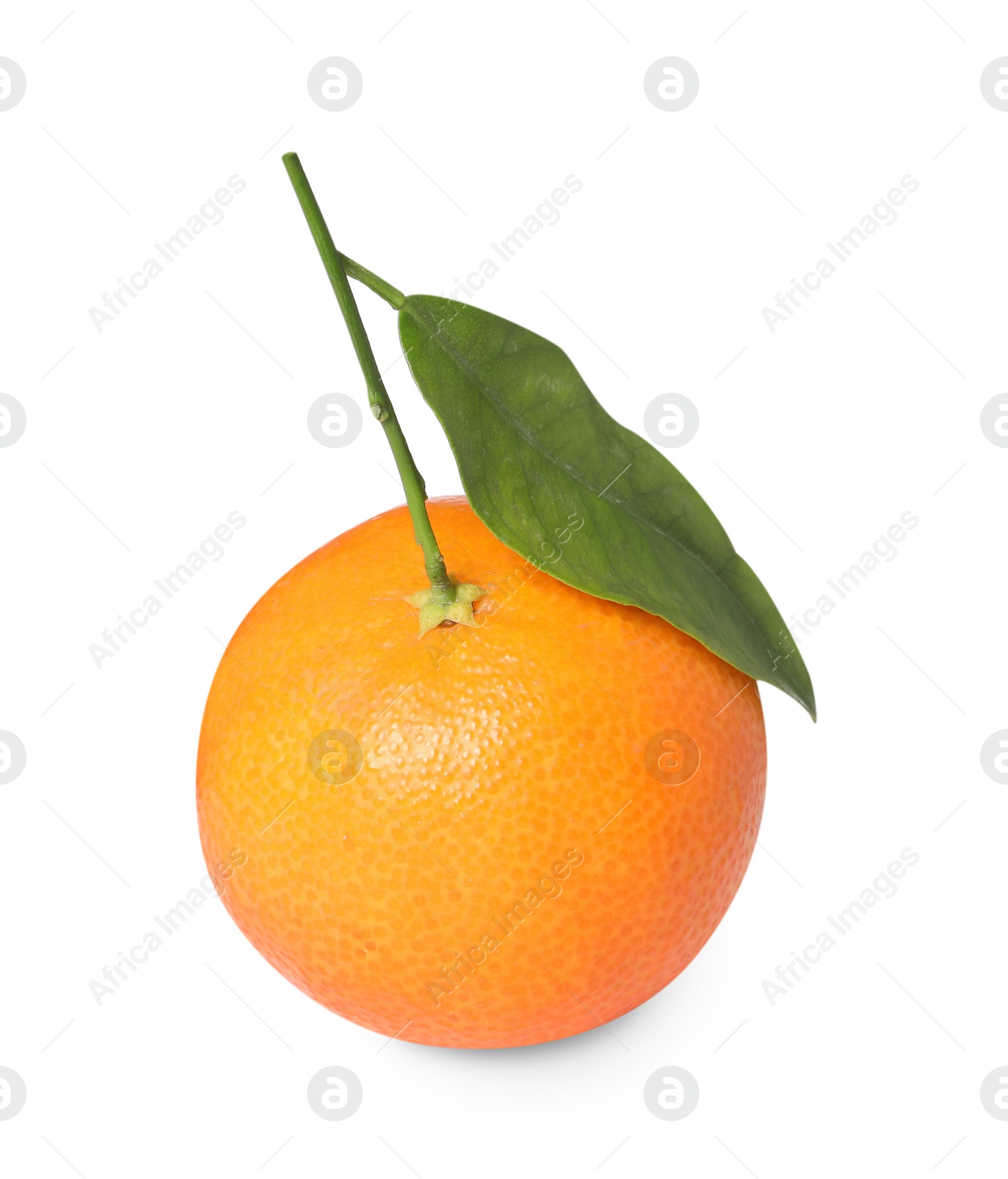 Photo of Fresh ripe juicy tangerine with green leaf isolated on white