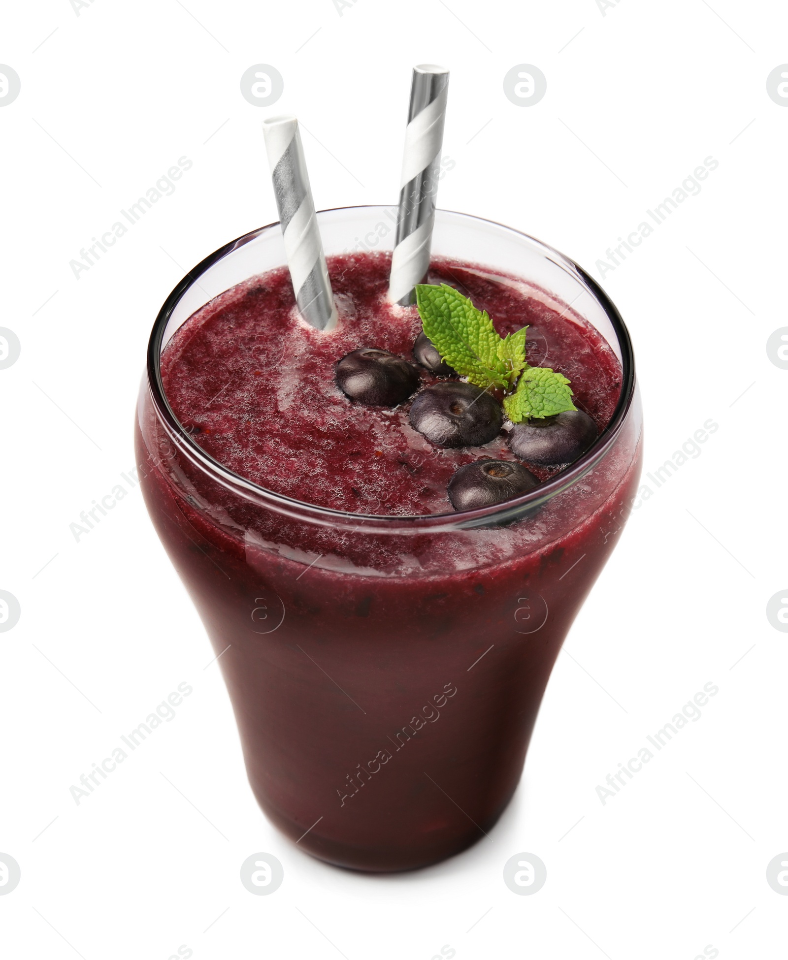 Photo of Glass with delicious acai smoothie on white background