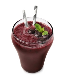 Glass with delicious acai smoothie on white background