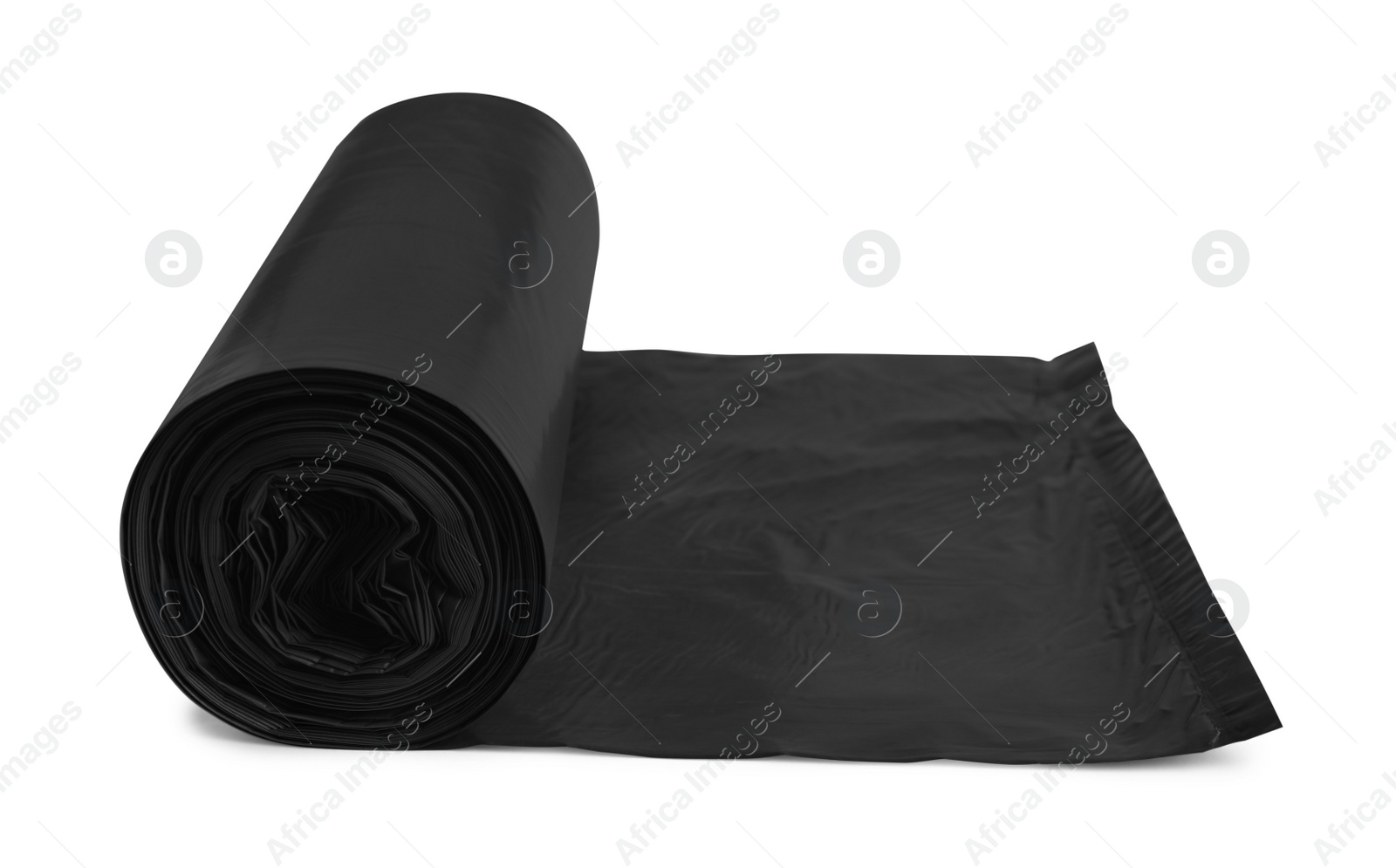 Photo of Roll of grey garbage bags on white background. Cleaning supplies