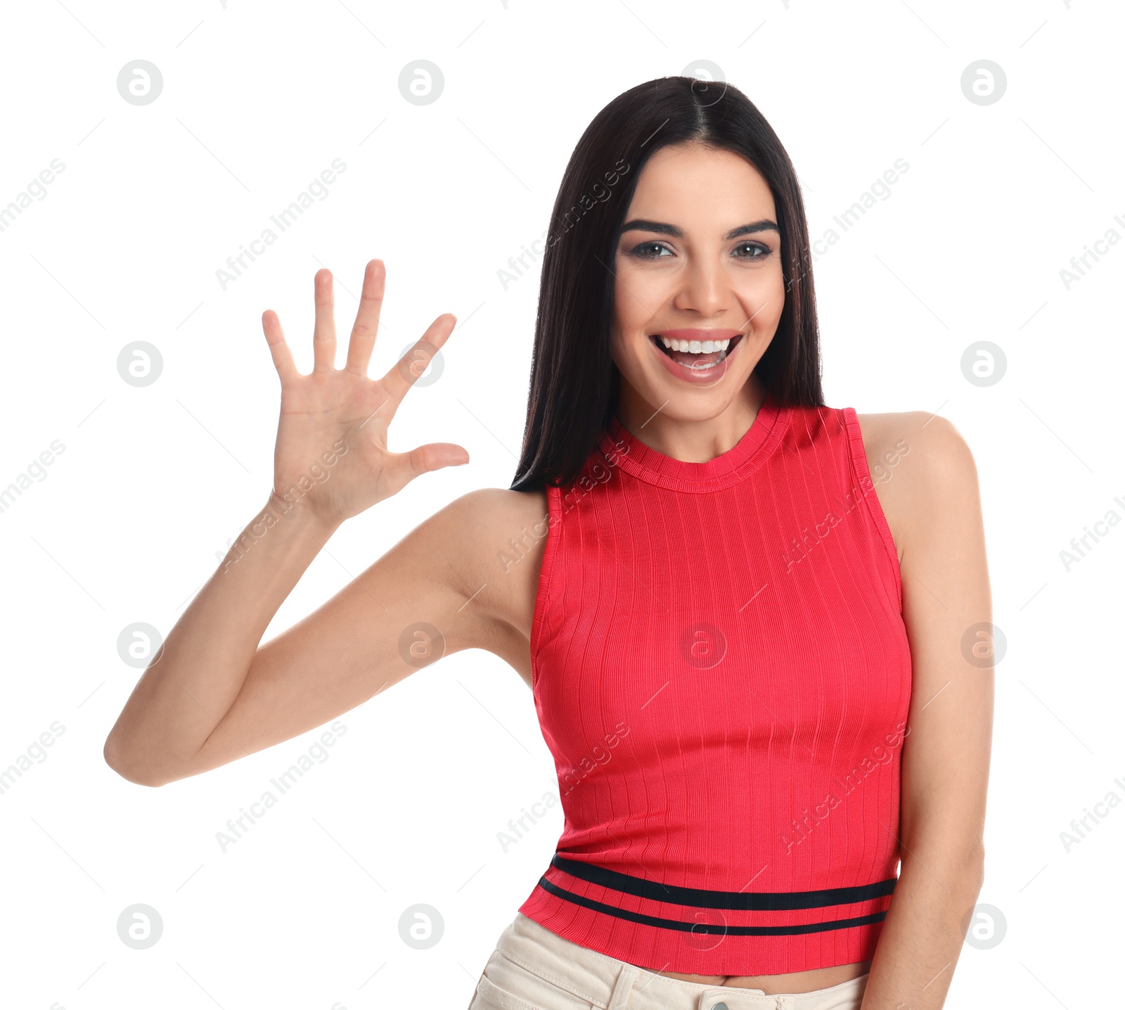 Photo of Woman showing number five with her hand on white background