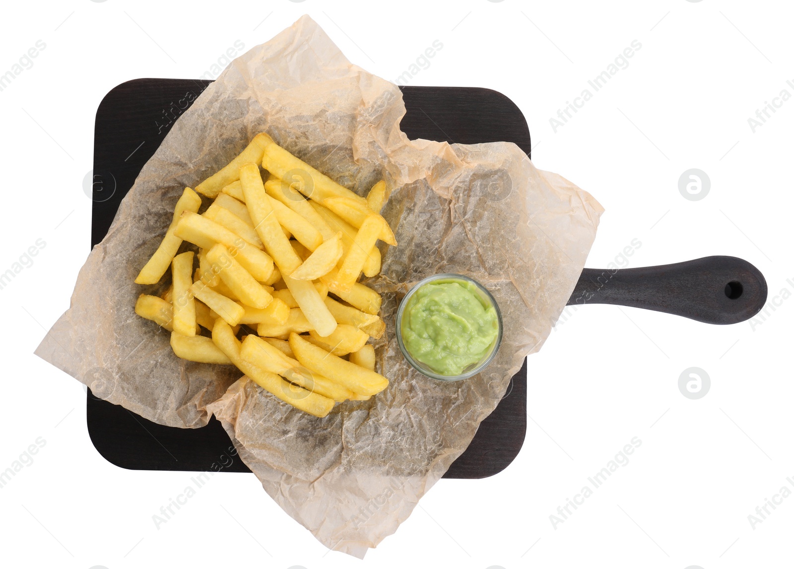 Photo of Serving board with delicious french fries and avocado dip isolated on white, top view