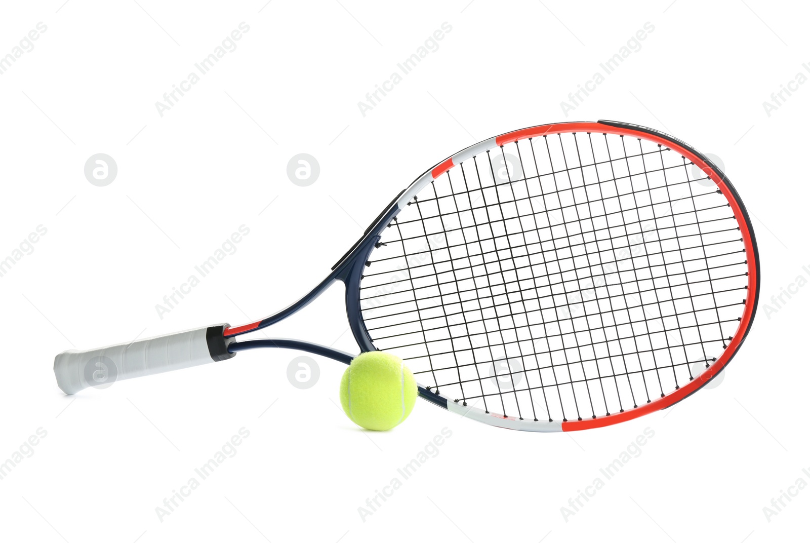 Photo of Tennis racket and ball on white background. Sports equipment