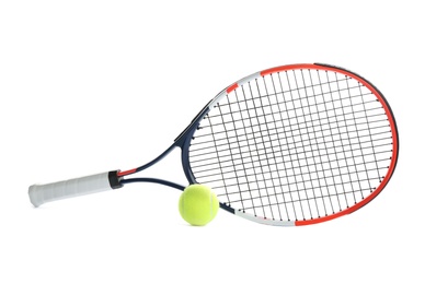 Photo of Tennis racket and ball on white background. Sports equipment