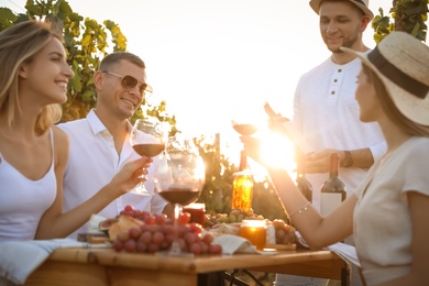 Photo of Friends holding glasses of wine and having fun in vineyard