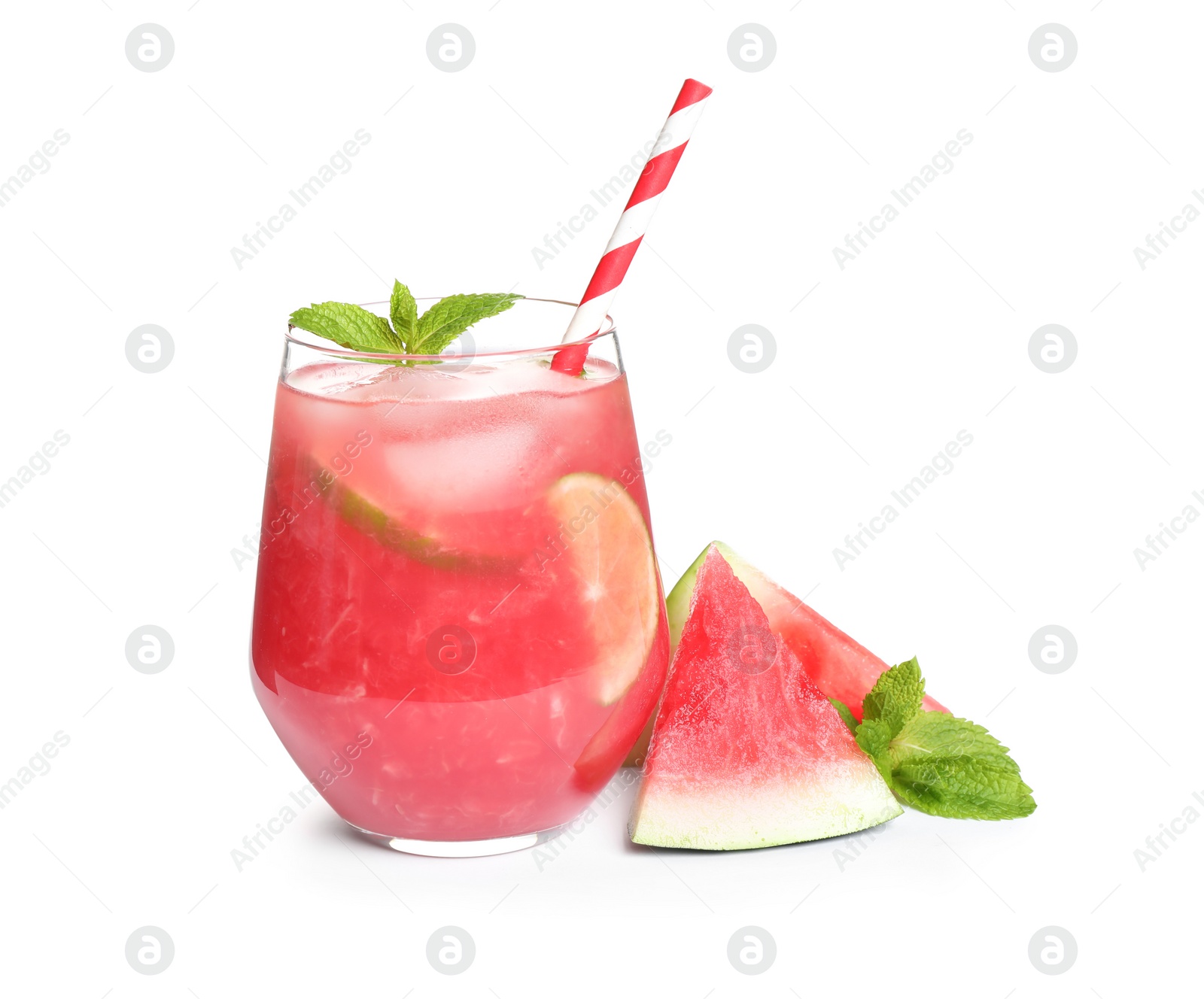 Photo of Tasty refreshing drink with watermelon on white background