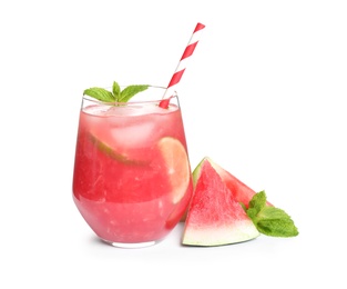 Photo of Tasty refreshing drink with watermelon on white background