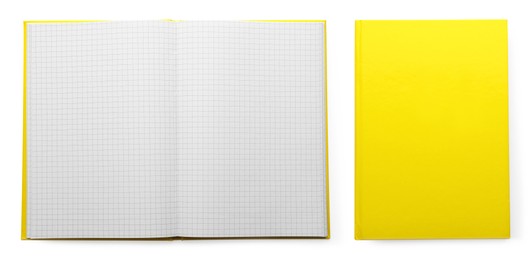 Image of Closed and open planners on white background, top view. Collage