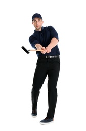 Full length portrait of man with golf club isolated on white