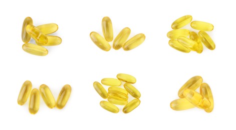 Image of Collage of vitamin pills isolated on white