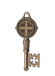 Photo of Bronze vintage ornate key on white background