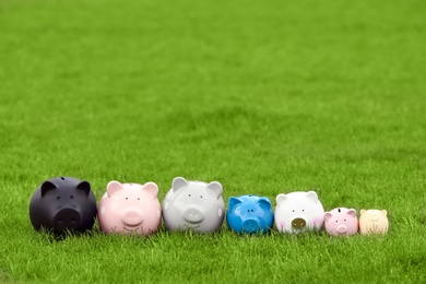 Different piggy banks on green grass outdoors