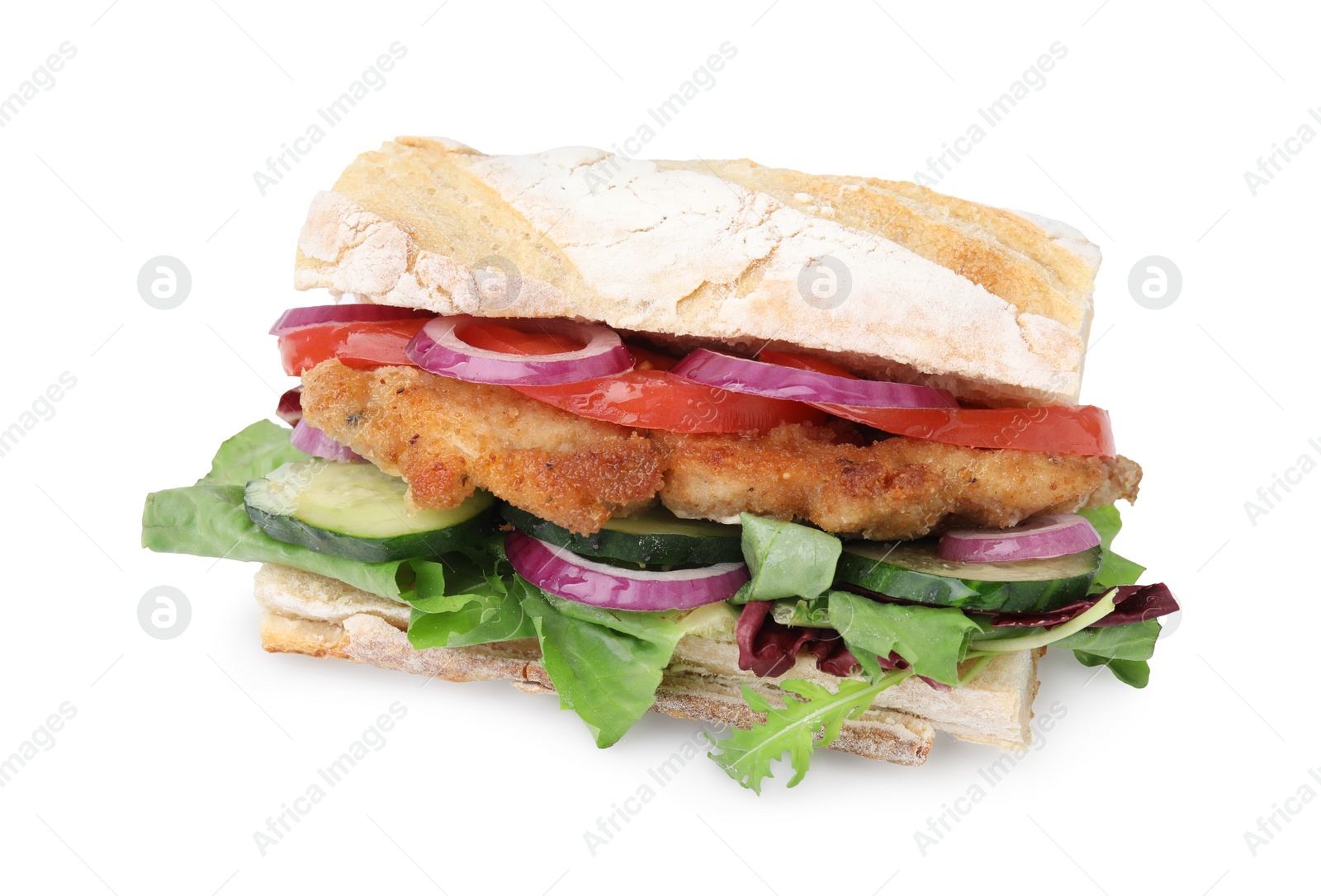 Photo of Delicious sandwich with schnitzel isolated on white