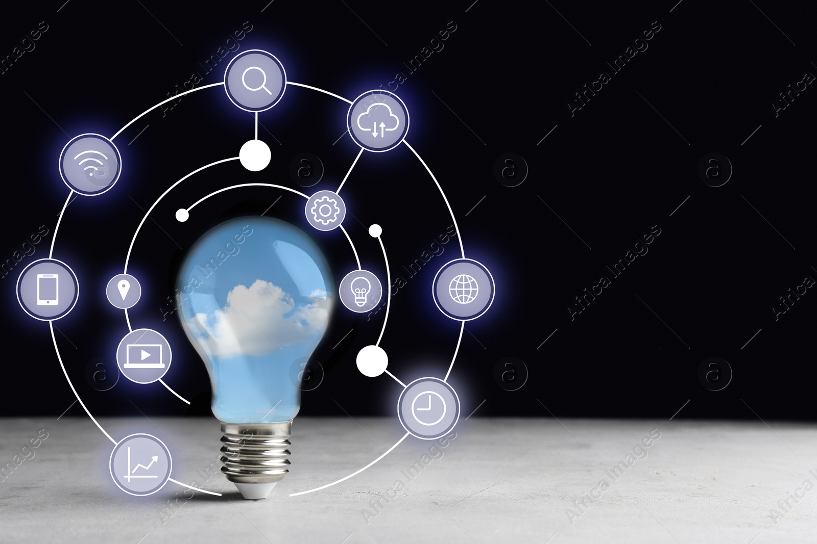 Image of Cloud technology concept. Light bulb with sky and different icons