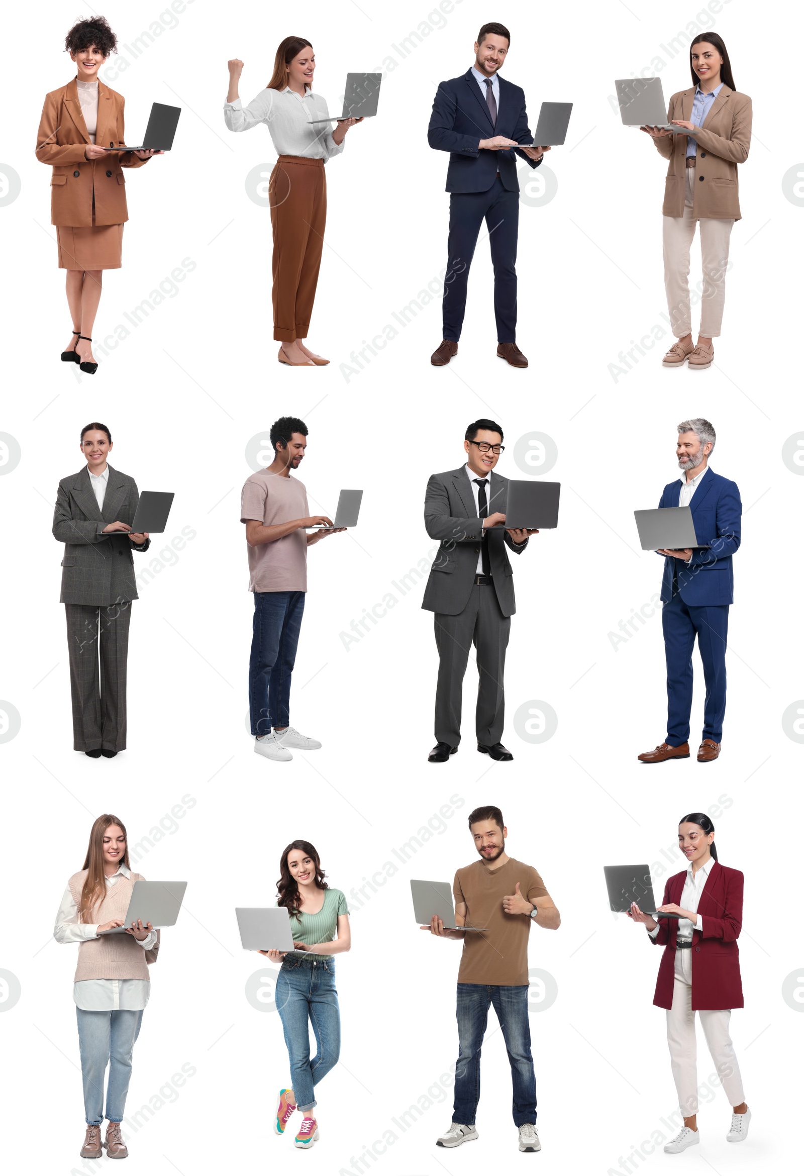 Image of People with laptops on white background, collage design