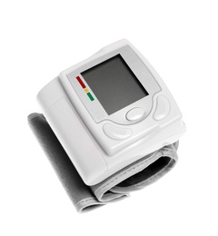 Photo of Digital blood pressure monitor on white background. Cardiology equipment