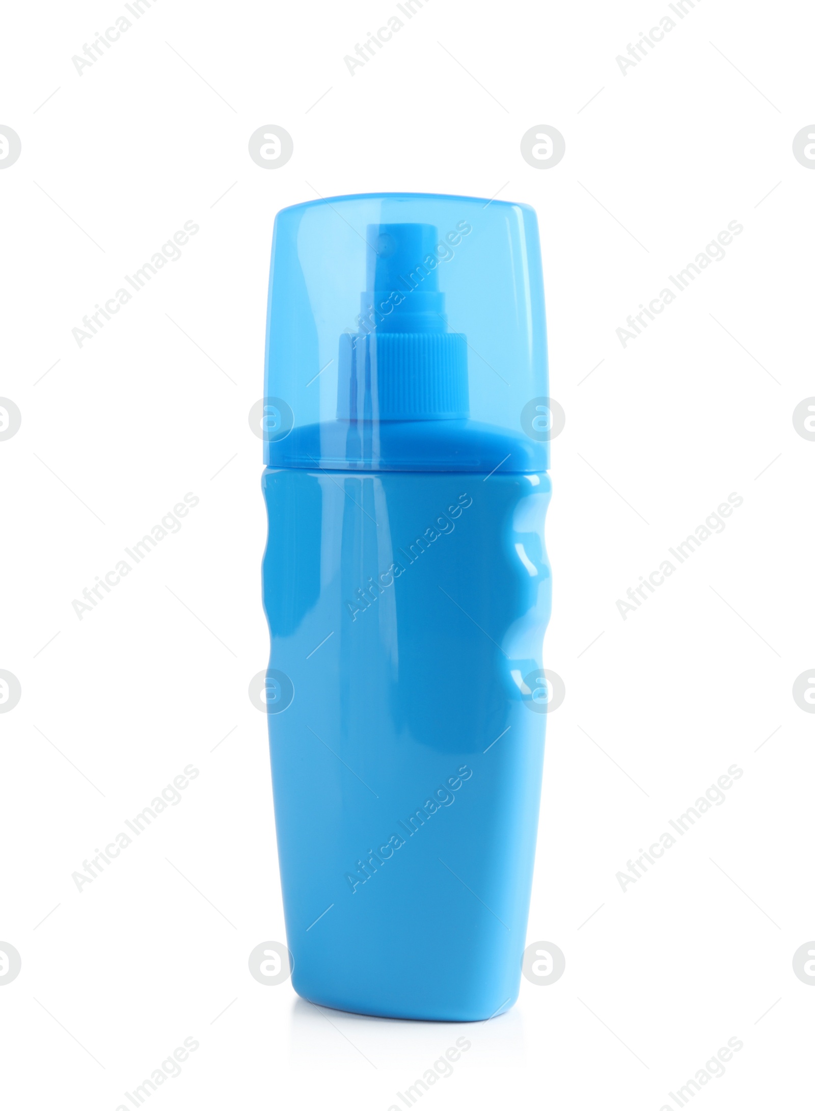 Photo of Bottle with sun protection body cream on white background