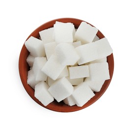 Photo of Bowl with cubes of refined sugar isolated on white, top view