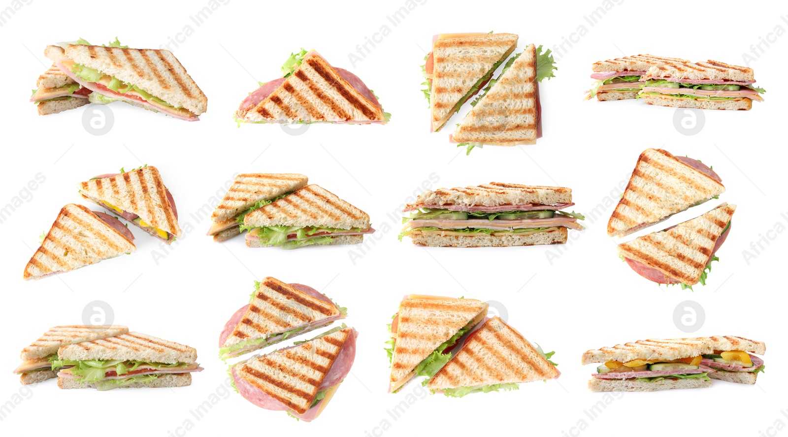 Image of Set of toasted bread with different toppings on white background