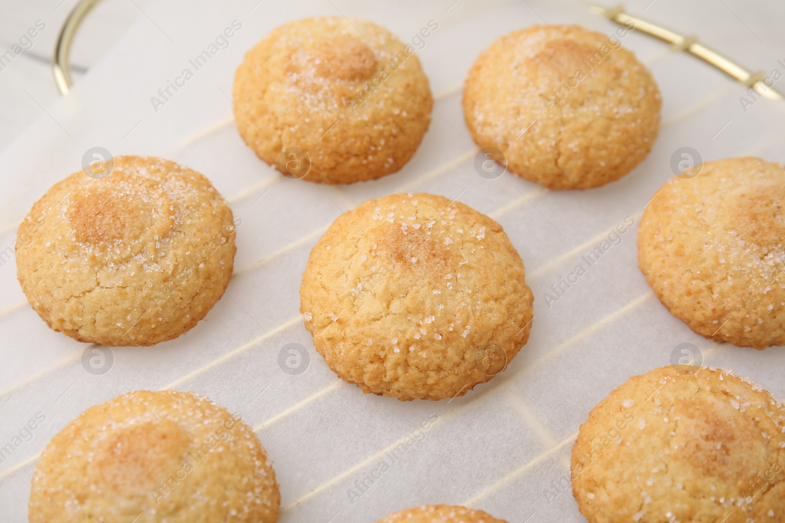 Photo of Tasty sweet sugar cookies on table, closeup