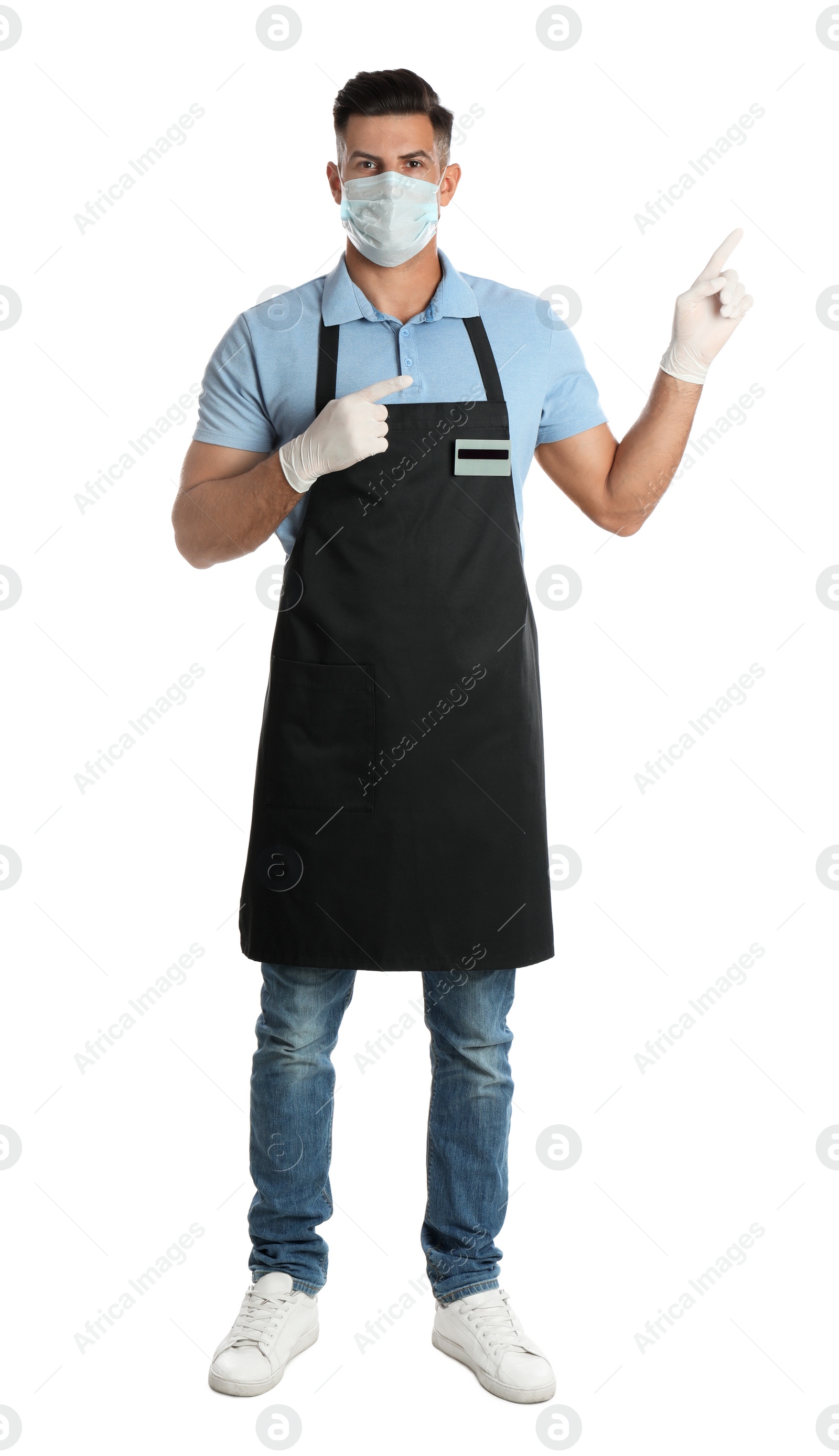 Photo of Waiter wearing medical face mask on white background