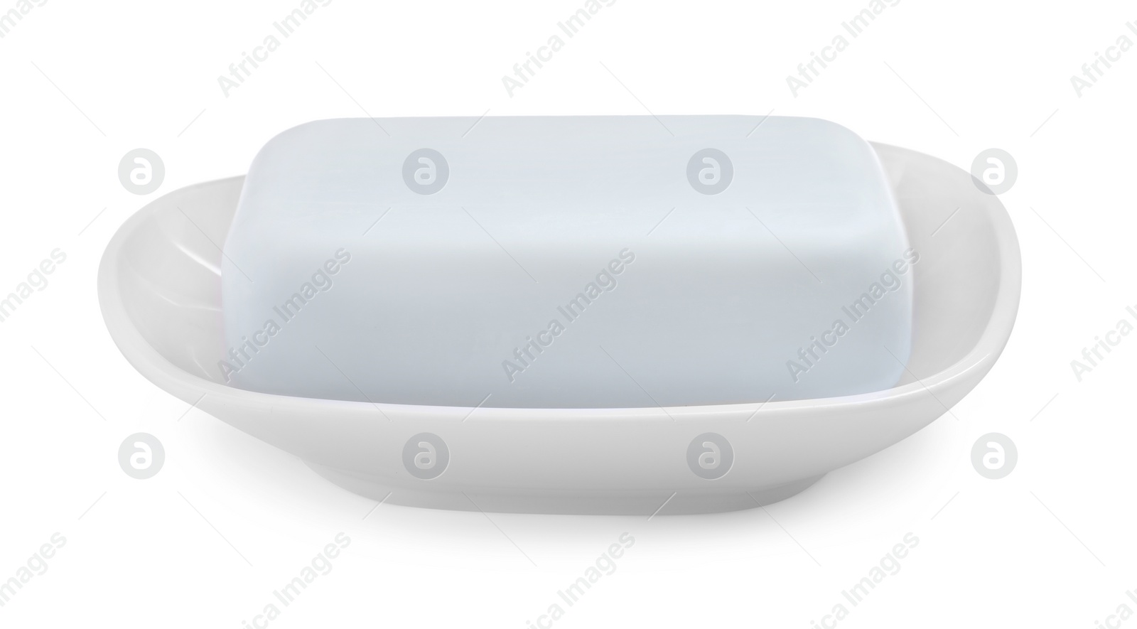 Photo of Holder with soap bar on white background