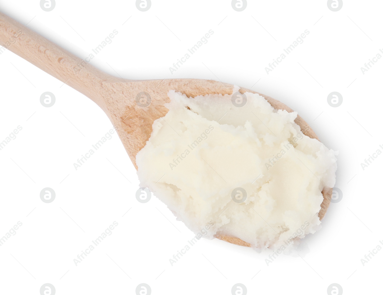 Photo of Wooden spoon with delicious lard isolated on white, top view