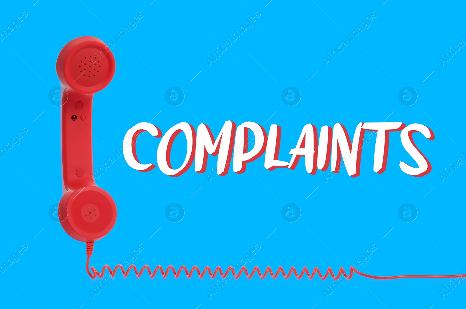 Image of Corded telephone handset and word complaints on light blue background