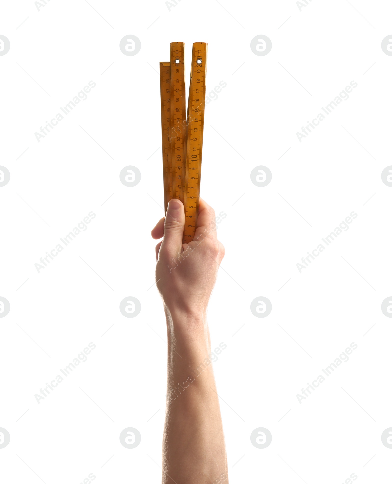 Photo of Man holding ruler on white background. Construction tools
