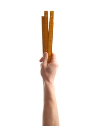 Photo of Man holding ruler on white background. Construction tools