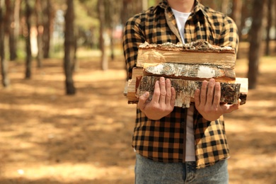 Photo of Man holding cut firewood in forest, closeup