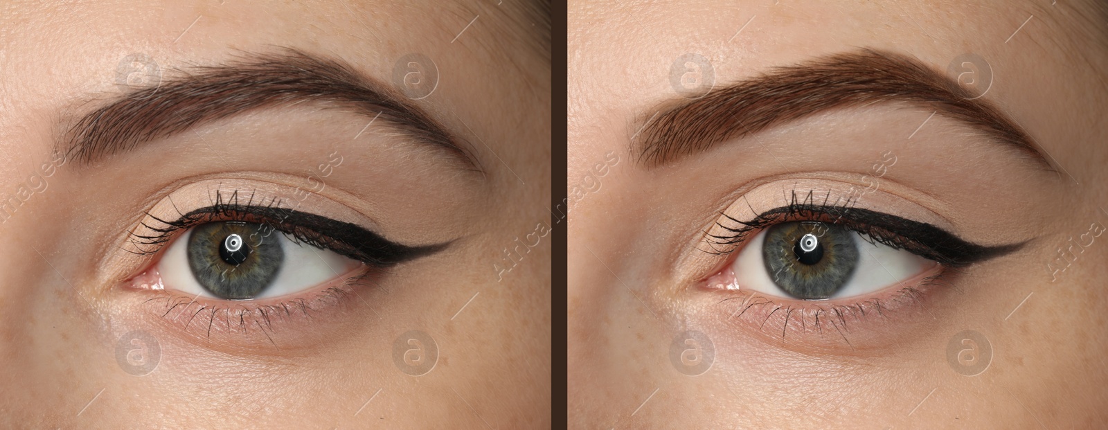 Image of Collage with photos of woman before and after eyebrow dyeing with henna, closeup. Banner design