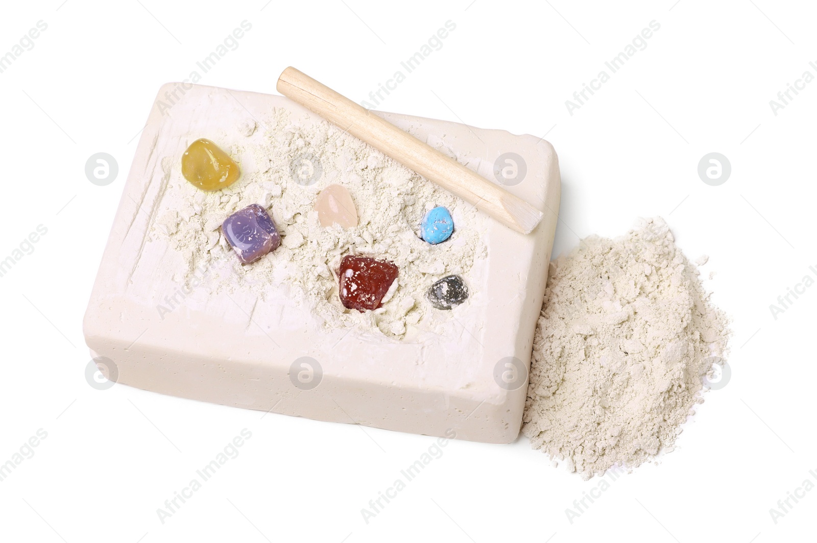 Photo of Excavation kit on white background. Educational toy for motor skills