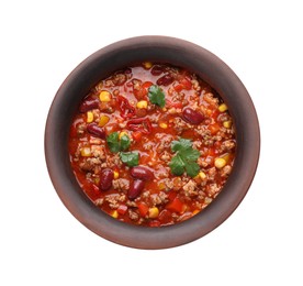 Bowl with tasty chili con carne on white background, top view