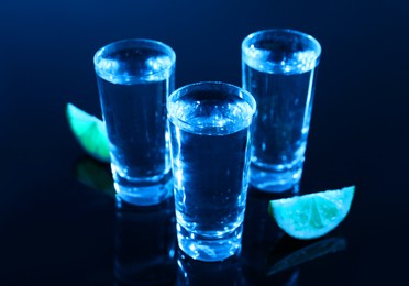 Photo of Shot glasses of vodka with lime slices on dark background