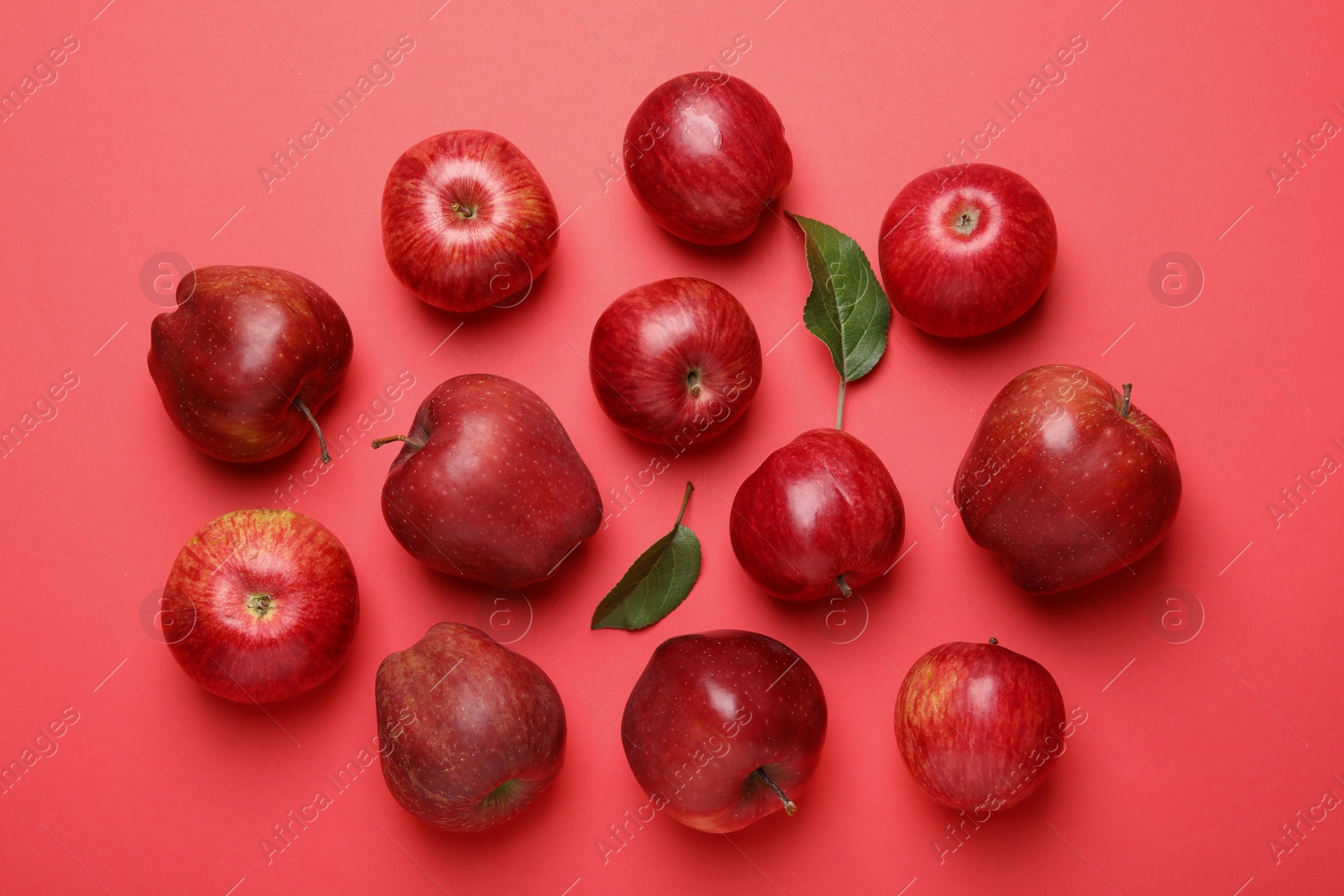 Photo of Ripe red apples and green leaves on color background, flat lay