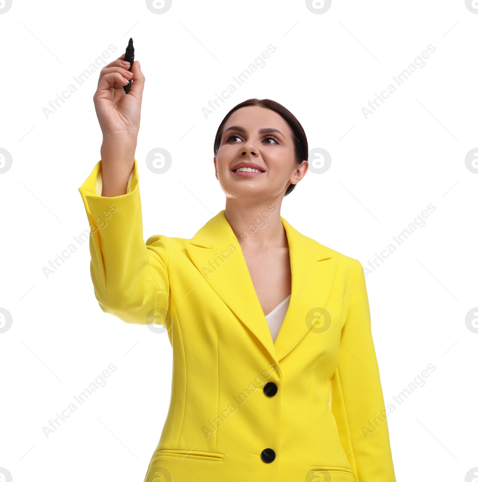 Photo of Beautiful businesswoman in yellow suit with marker on white background