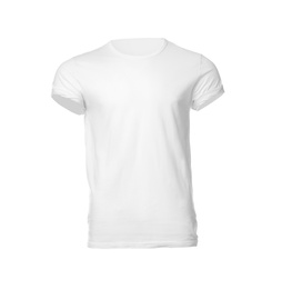 Photo of Stylish men's t-shirt isolated on white. Space for design