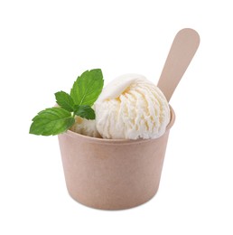 Delicious vanilla ice cream and mint in paper cup isolated on white