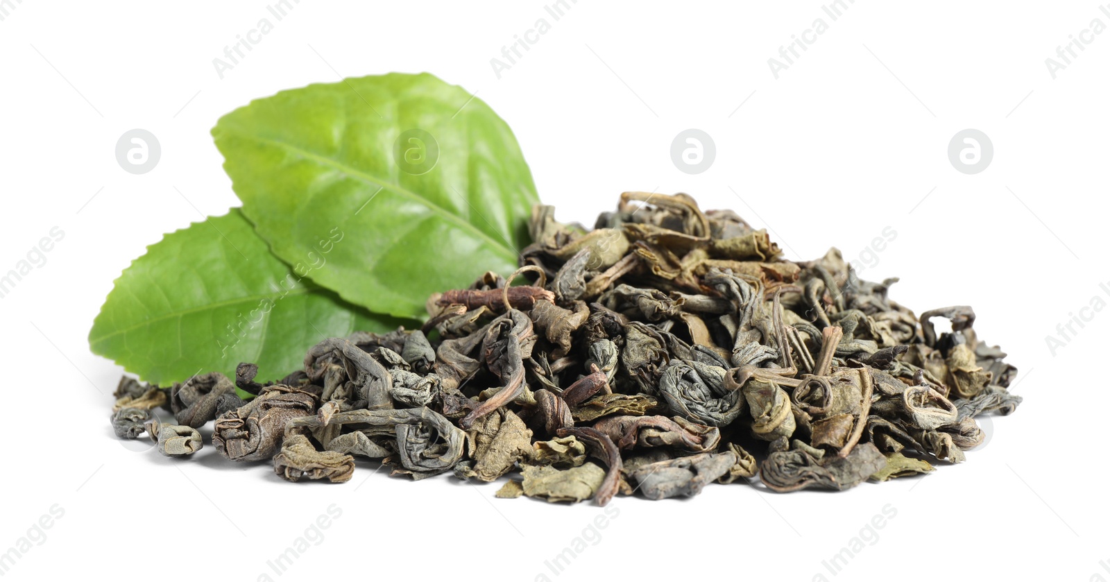 Photo of Dry and fresh tea leaves isolated on white