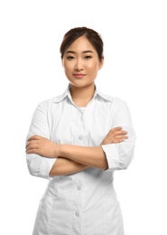 Photo of Professional masseuse in spa uniform on white background
