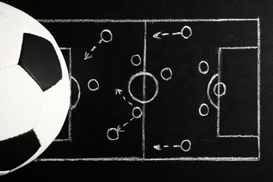 Photo of Chalkboard with football game scheme and soccer ball, top view