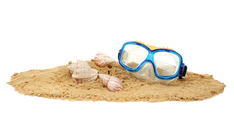 Photo of Composition with beach objects on white background