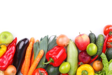 Heap of fresh ripe vegetables and fruits on white background, top view